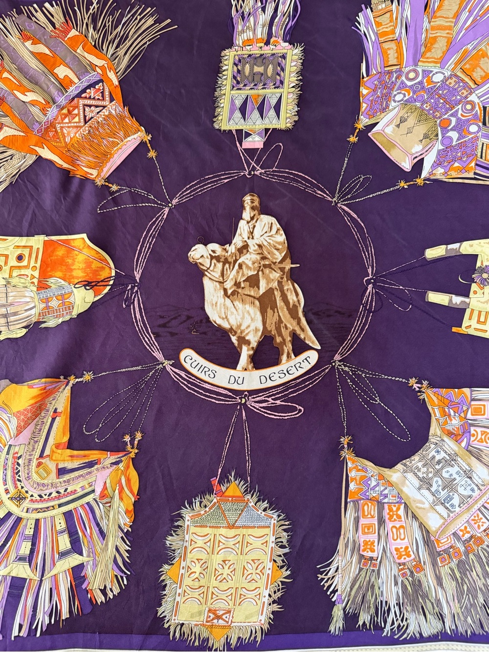 Hermes Cuirs du Desert Motif Silk Scarf with Camel Center.